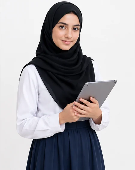 طالبة في المرحلة الثانوية تحمل جهازًا لوحيًا